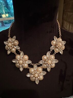 Pearl & Crystal Floral Statement Necklace - Gold Tone